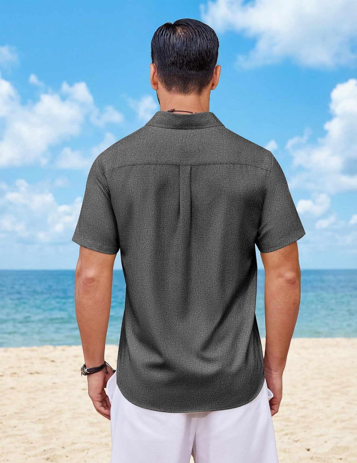imageCOOFANDY Mens Button Down Shirt Short Sleeve Casual Shirts Summer Beach Wedding Linen Shirt with PocketDark Grey
