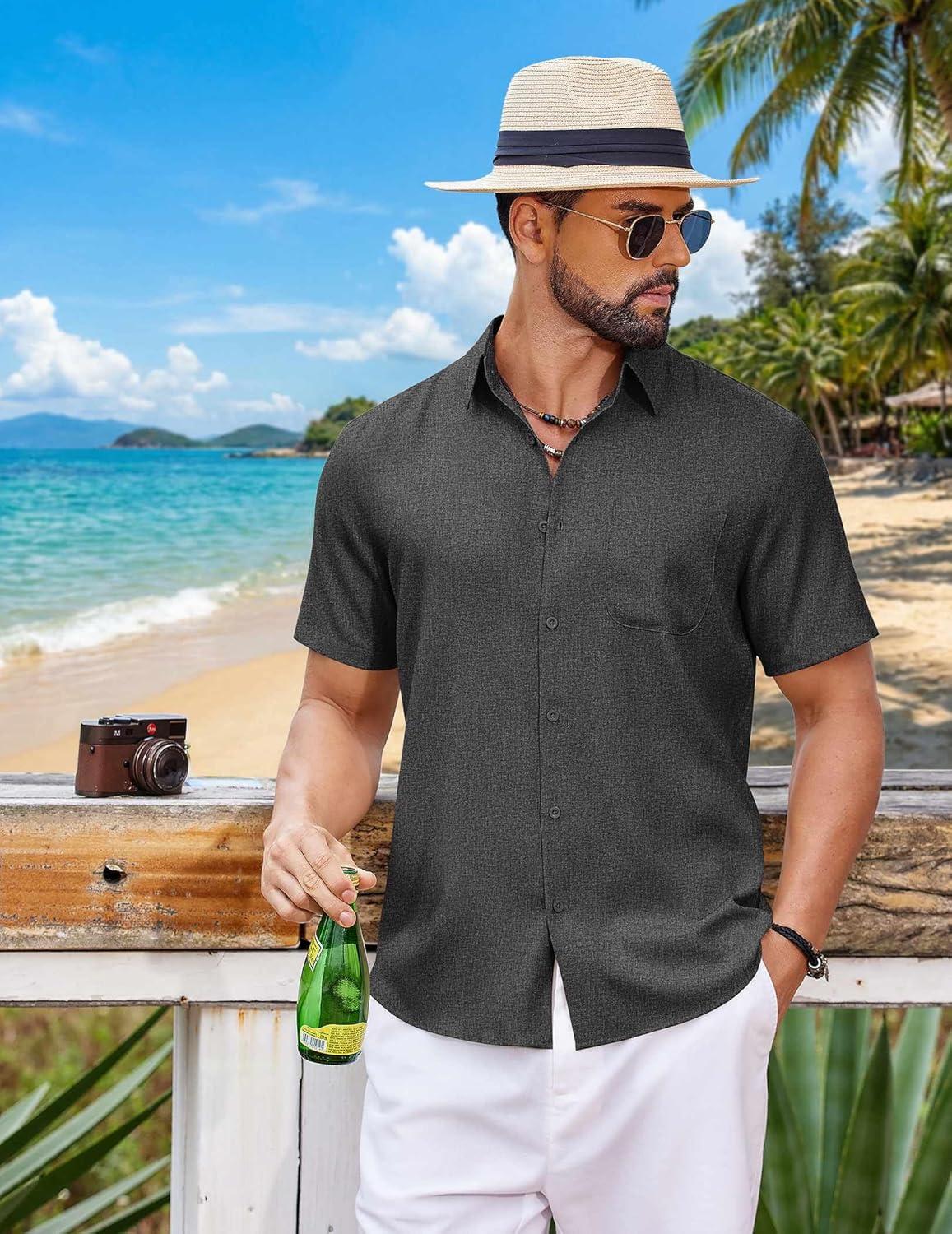 imageCOOFANDY Mens Button Down Shirt Short Sleeve Casual Shirts Summer Beach Wedding Linen Shirt with PocketDark Grey