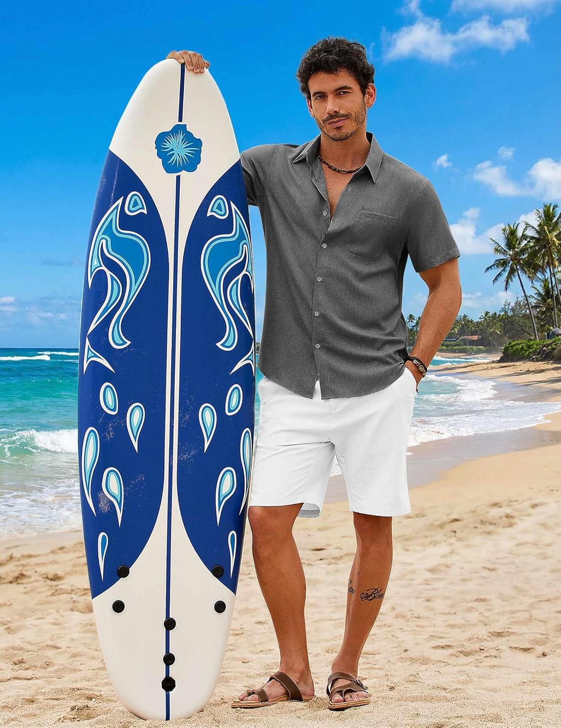 imageCOOFANDY Mens Button Down Shirt Short Sleeve Casual Shirts Summer Beach Wedding Linen Shirt with PocketDark Grey