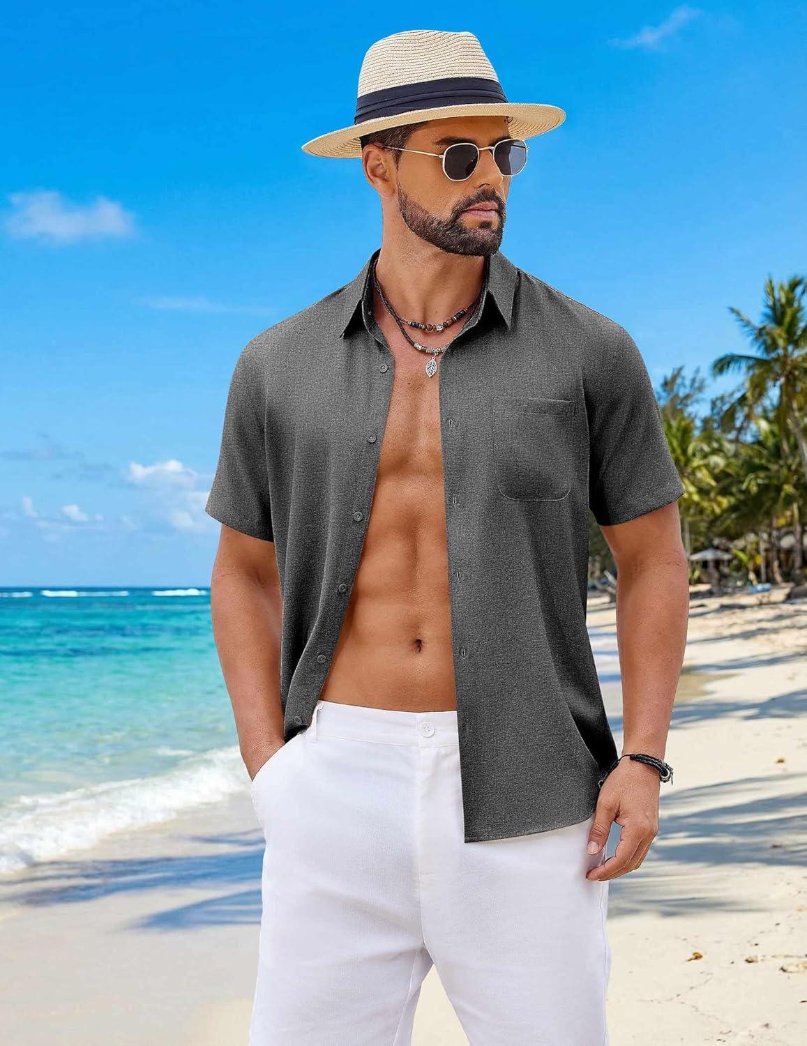 imageCOOFANDY Mens Button Down Shirt Short Sleeve Casual Shirts Summer Beach Wedding Linen Shirt with PocketDark Grey
