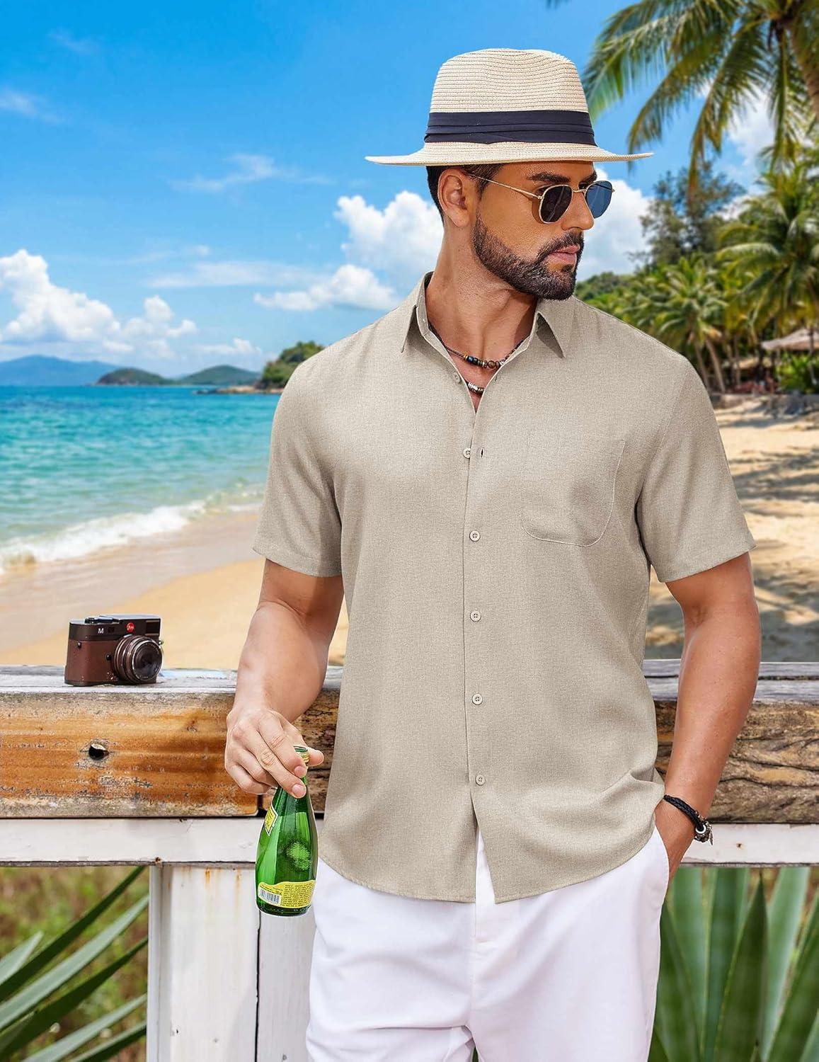 imageCOOFANDY Mens Button Down Shirt Short Sleeve Casual Shirts Summer Beach Wedding Linen Shirt with PocketKhaki