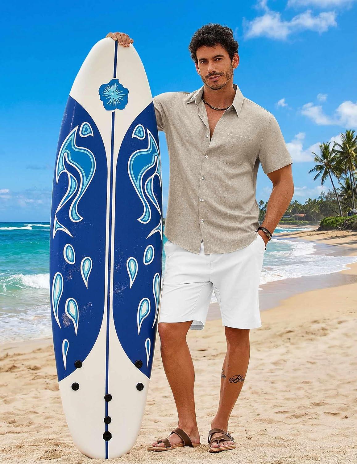 imageCOOFANDY Mens Button Down Shirt Short Sleeve Casual Shirts Summer Beach Wedding Linen Shirt with PocketKhaki