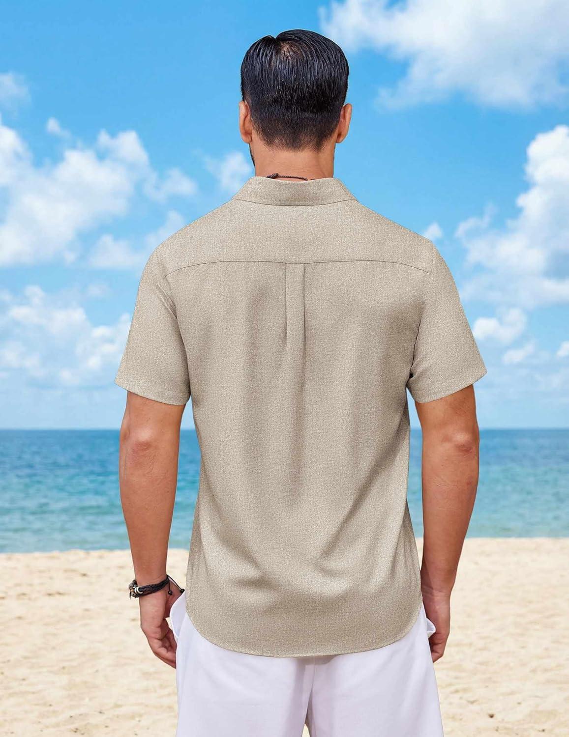 imageCOOFANDY Mens Button Down Shirt Short Sleeve Casual Shirts Summer Beach Wedding Linen Shirt with PocketKhaki