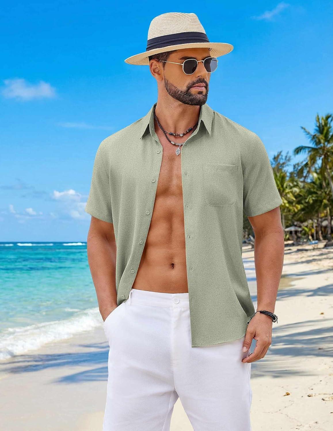 imageCOOFANDY Mens Button Down Shirt Short Sleeve Casual Shirts Summer Beach Wedding Linen Shirt with PocketLight Green