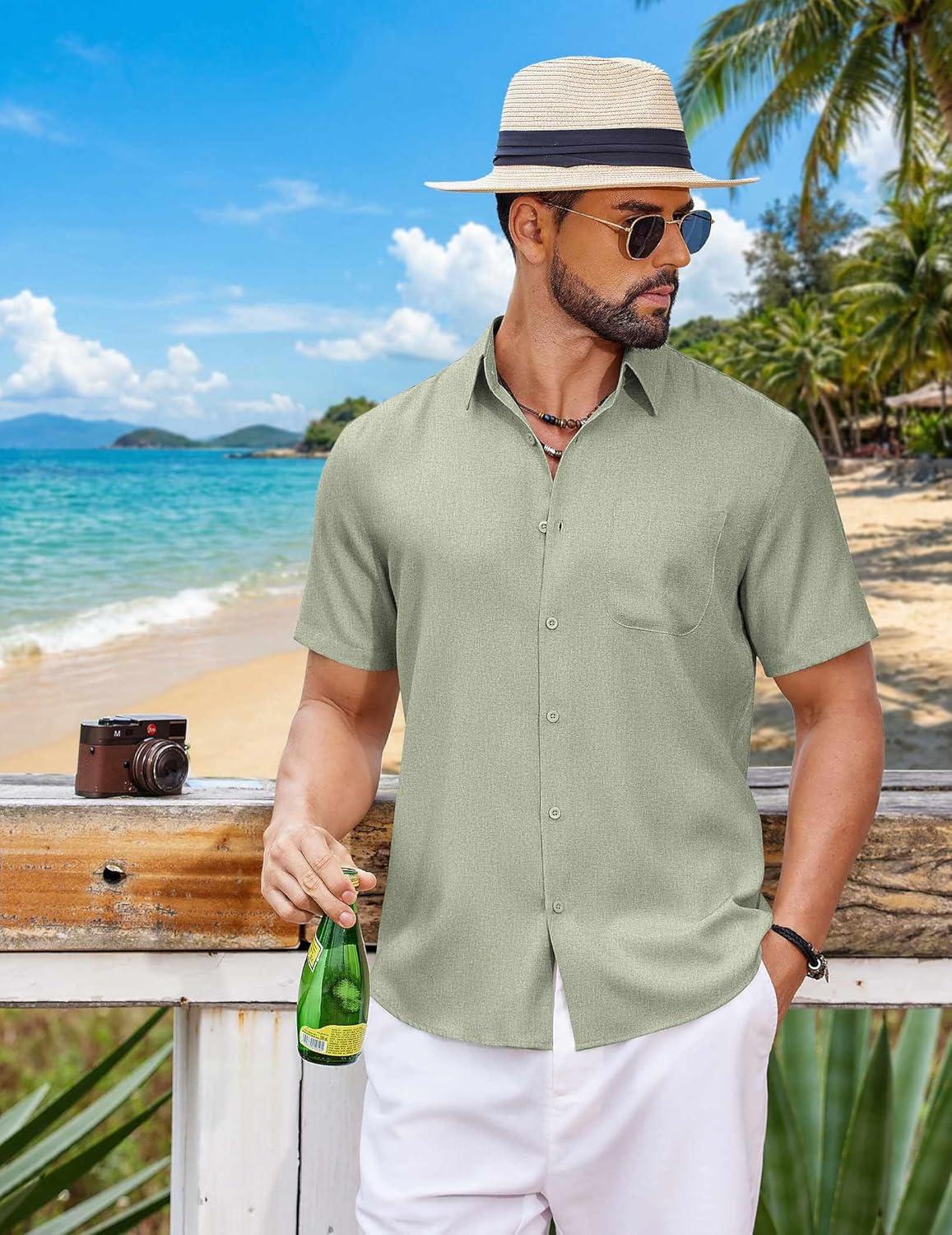 imageCOOFANDY Mens Button Down Shirt Short Sleeve Casual Shirts Summer Beach Wedding Linen Shirt with PocketLight Green