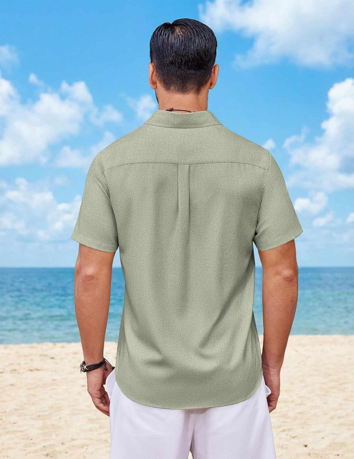 imageCOOFANDY Mens Button Down Shirt Short Sleeve Casual Shirts Summer Beach Wedding Linen Shirt with PocketLight Green