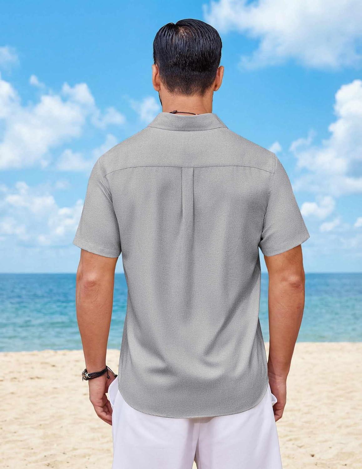 imageCOOFANDY Mens Button Down Shirt Short Sleeve Casual Shirts Summer Beach Wedding Linen Shirt with PocketLight Grey