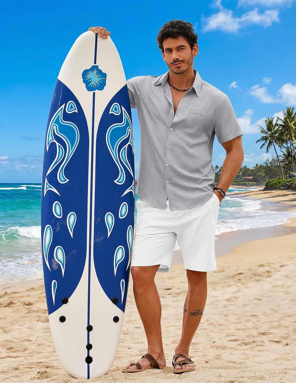 imageCOOFANDY Mens Button Down Shirt Short Sleeve Casual Shirts Summer Beach Wedding Linen Shirt with PocketLight Grey