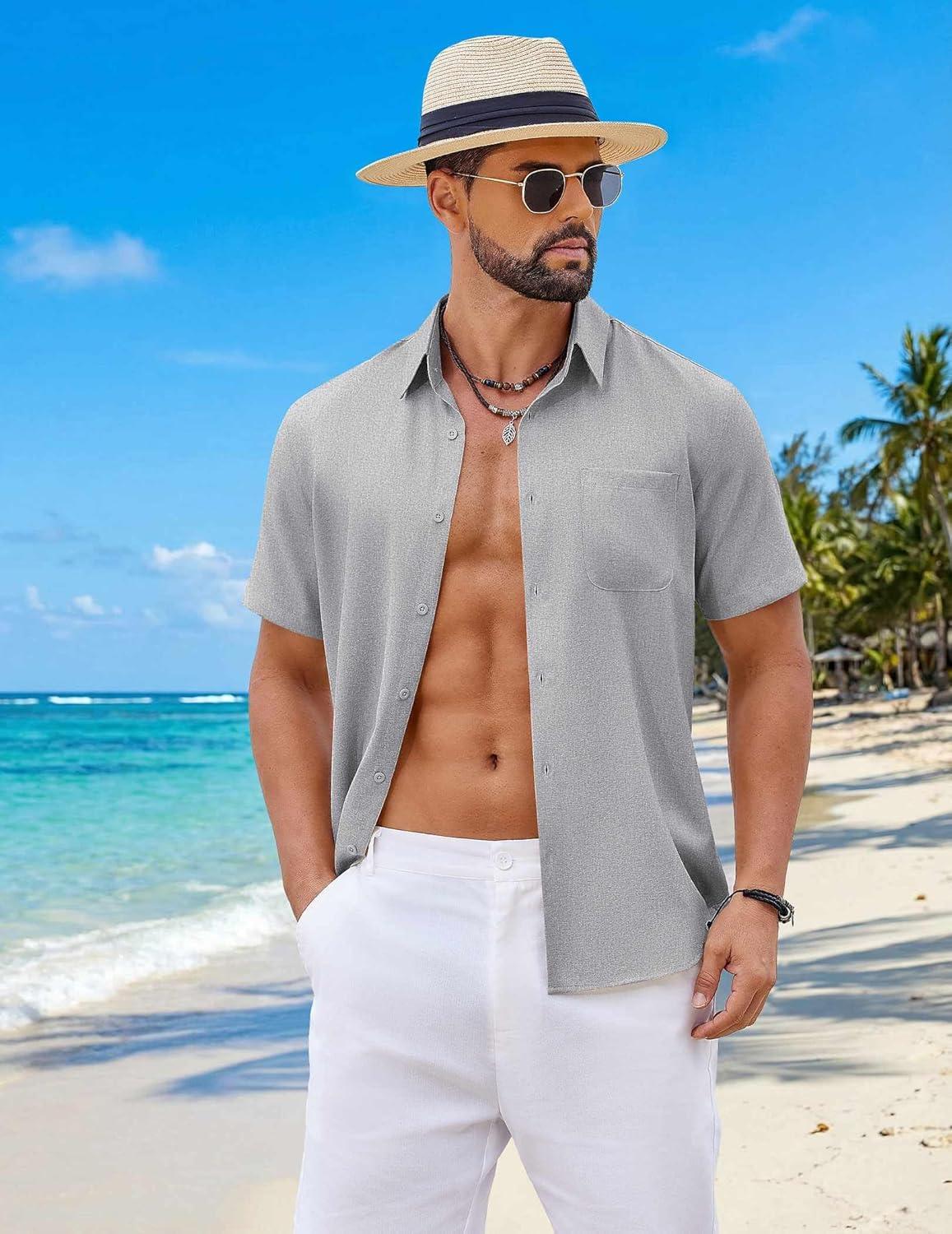 imageCOOFANDY Mens Button Down Shirt Short Sleeve Casual Shirts Summer Beach Wedding Linen Shirt with PocketLight Grey