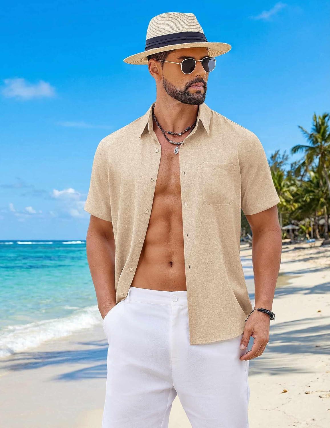 imageCOOFANDY Mens Button Down Shirt Short Sleeve Casual Shirts Summer Beach Wedding Linen Shirt with PocketLight Khaki