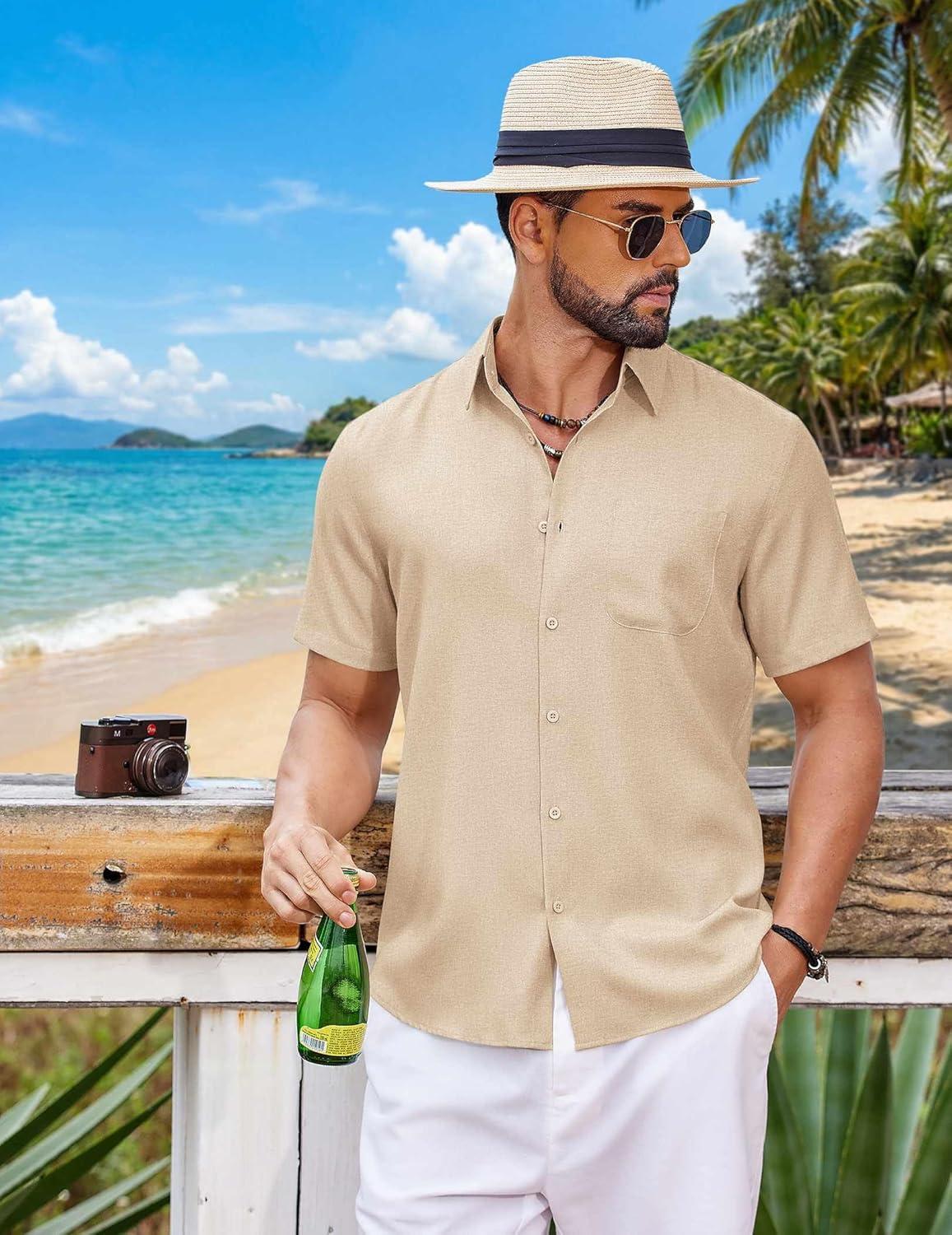 imageCOOFANDY Mens Button Down Shirt Short Sleeve Casual Shirts Summer Beach Wedding Linen Shirt with PocketLight Khaki