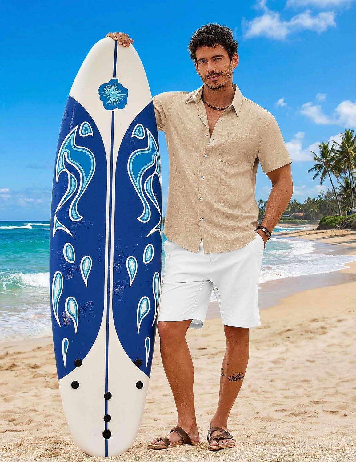 imageCOOFANDY Mens Button Down Shirt Short Sleeve Casual Shirts Summer Beach Wedding Linen Shirt with PocketLight Khaki