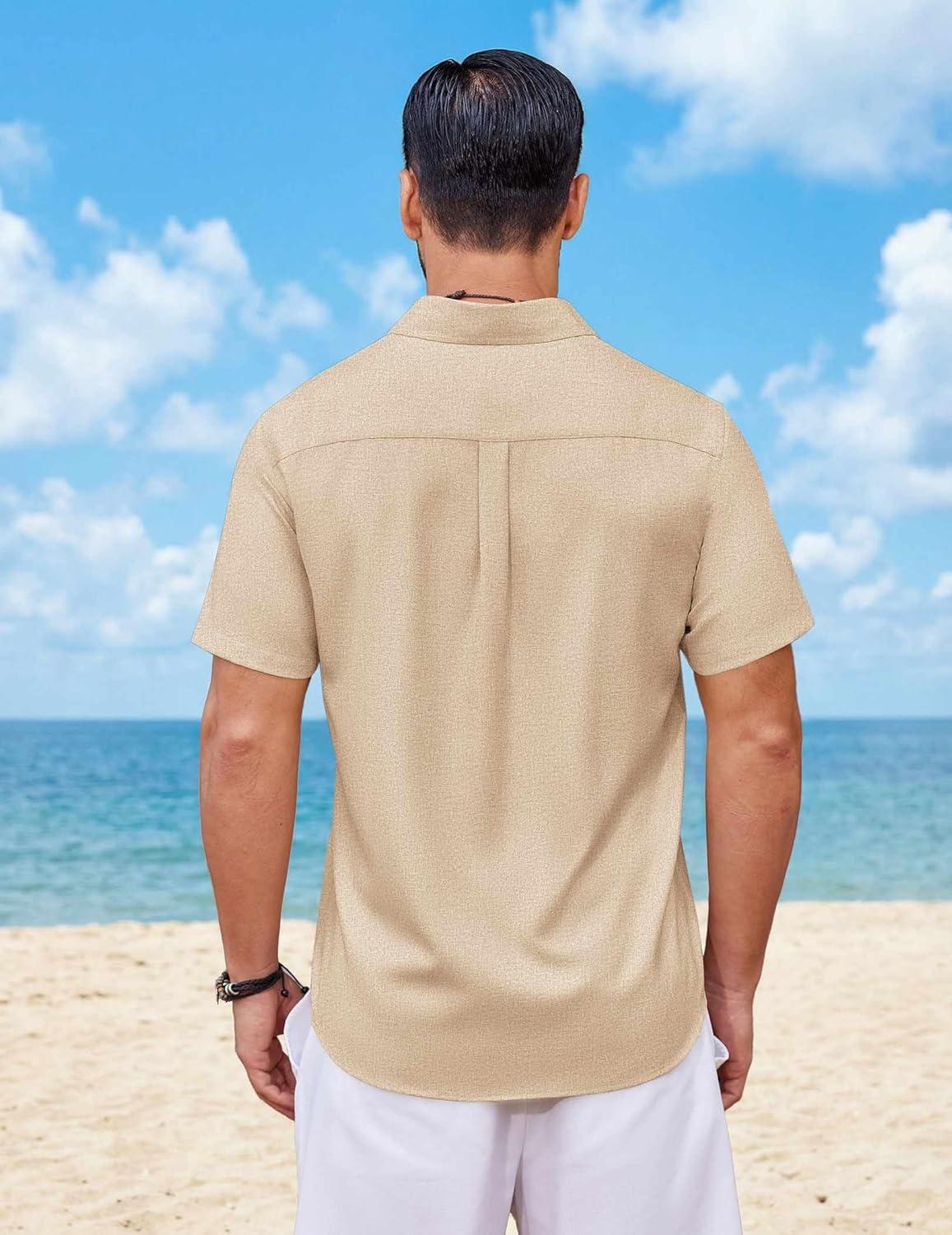 imageCOOFANDY Mens Button Down Shirt Short Sleeve Casual Shirts Summer Beach Wedding Linen Shirt with PocketLight Khaki