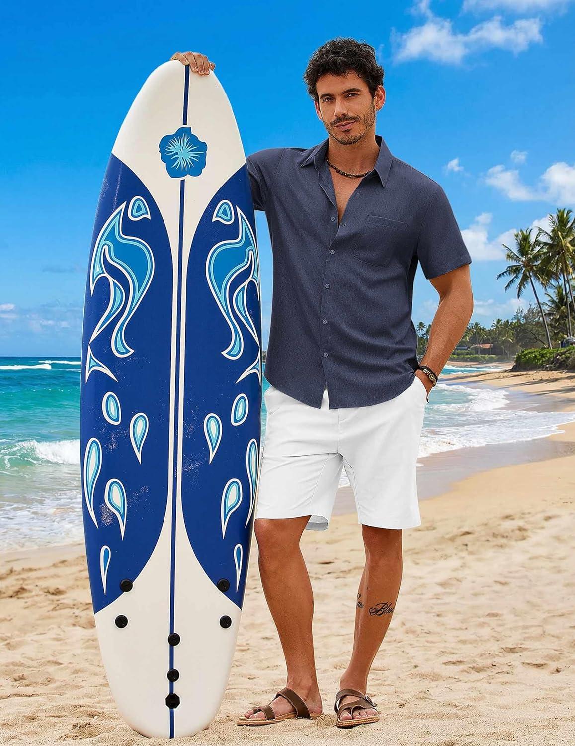 imageCOOFANDY Mens Button Down Shirt Short Sleeve Casual Shirts Summer Beach Wedding Linen Shirt with PocketNavy Blue