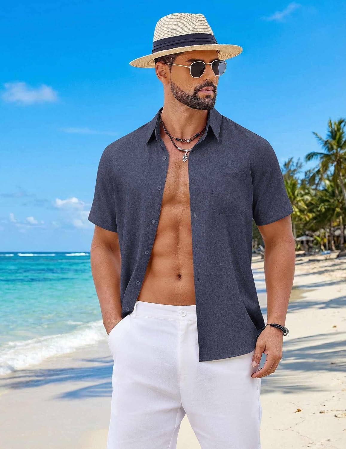 imageCOOFANDY Mens Button Down Shirt Short Sleeve Casual Shirts Summer Beach Wedding Linen Shirt with PocketNavy Blue