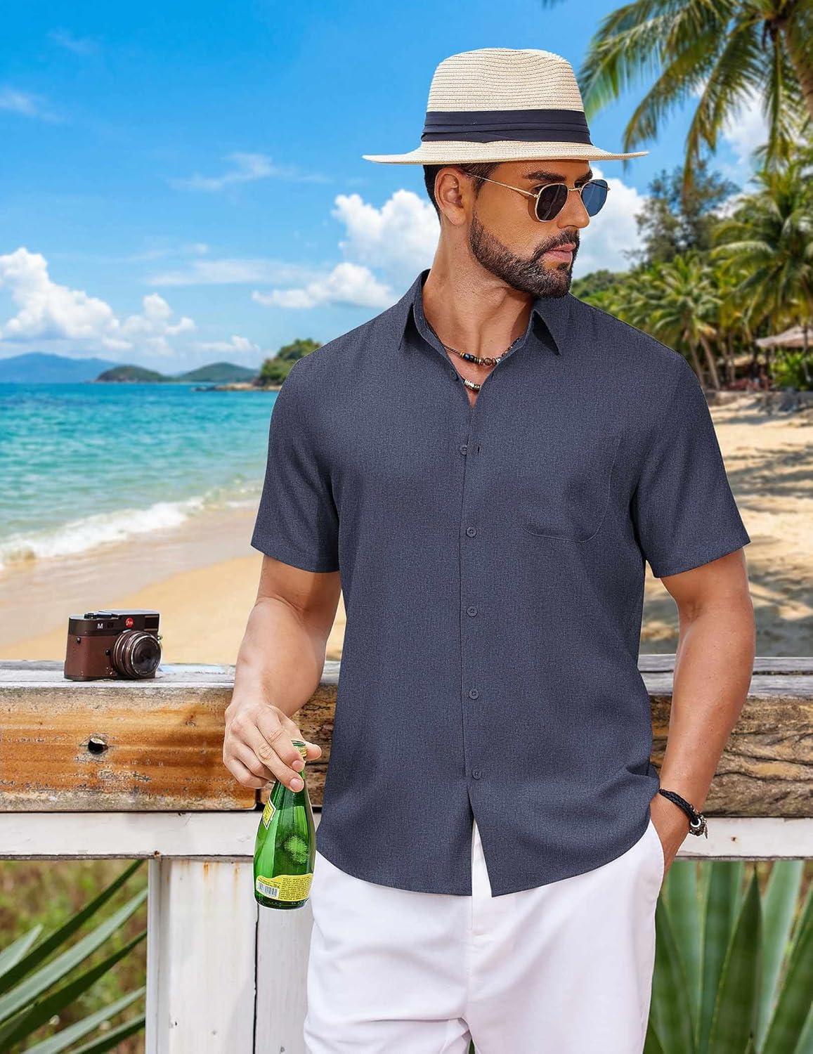 imageCOOFANDY Mens Button Down Shirt Short Sleeve Casual Shirts Summer Beach Wedding Linen Shirt with PocketNavy Blue