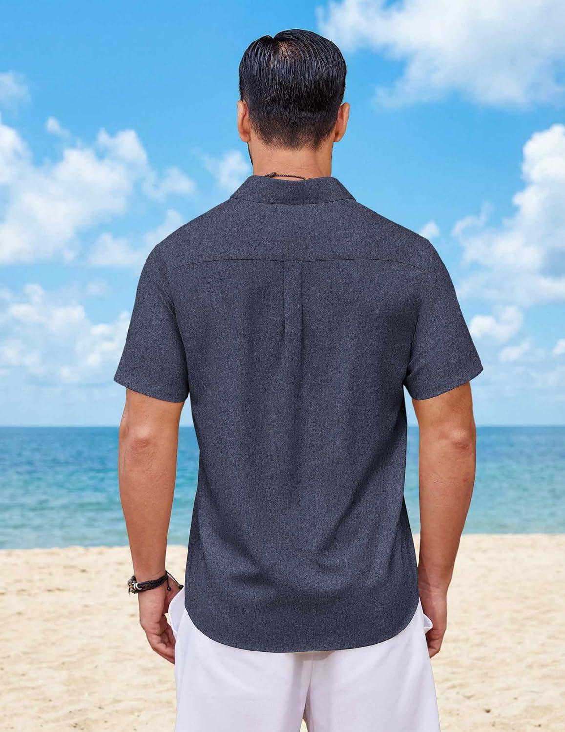 imageCOOFANDY Mens Button Down Shirt Short Sleeve Casual Shirts Summer Beach Wedding Linen Shirt with PocketNavy Blue