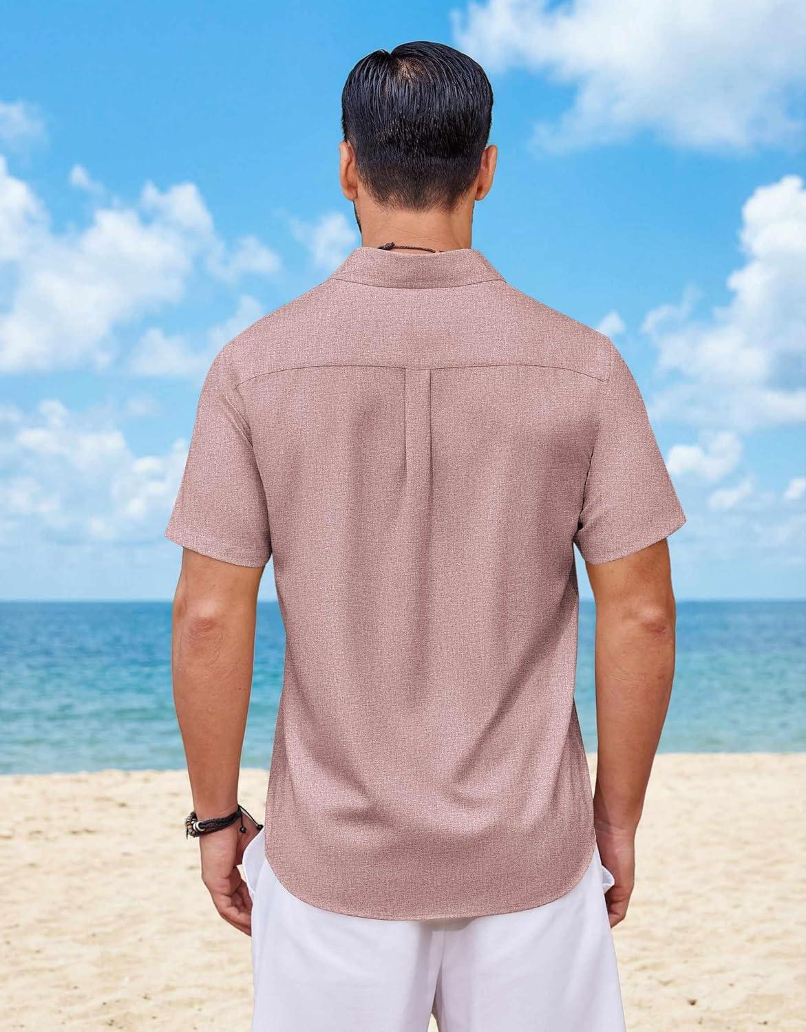 imageCOOFANDY Mens Button Down Shirt Short Sleeve Casual Shirts Summer Beach Wedding Linen Shirt with PocketPink