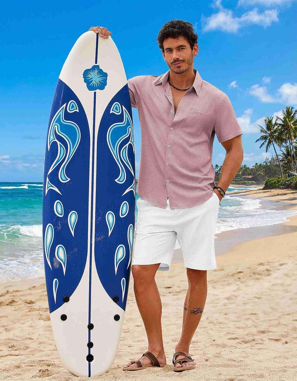 imageCOOFANDY Mens Button Down Shirt Short Sleeve Casual Shirts Summer Beach Wedding Linen Shirt with PocketPink