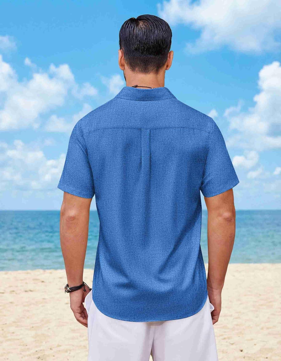imageCOOFANDY Mens Button Down Shirt Short Sleeve Casual Shirts Summer Beach Wedding Linen Shirt with PocketRoyal Blue