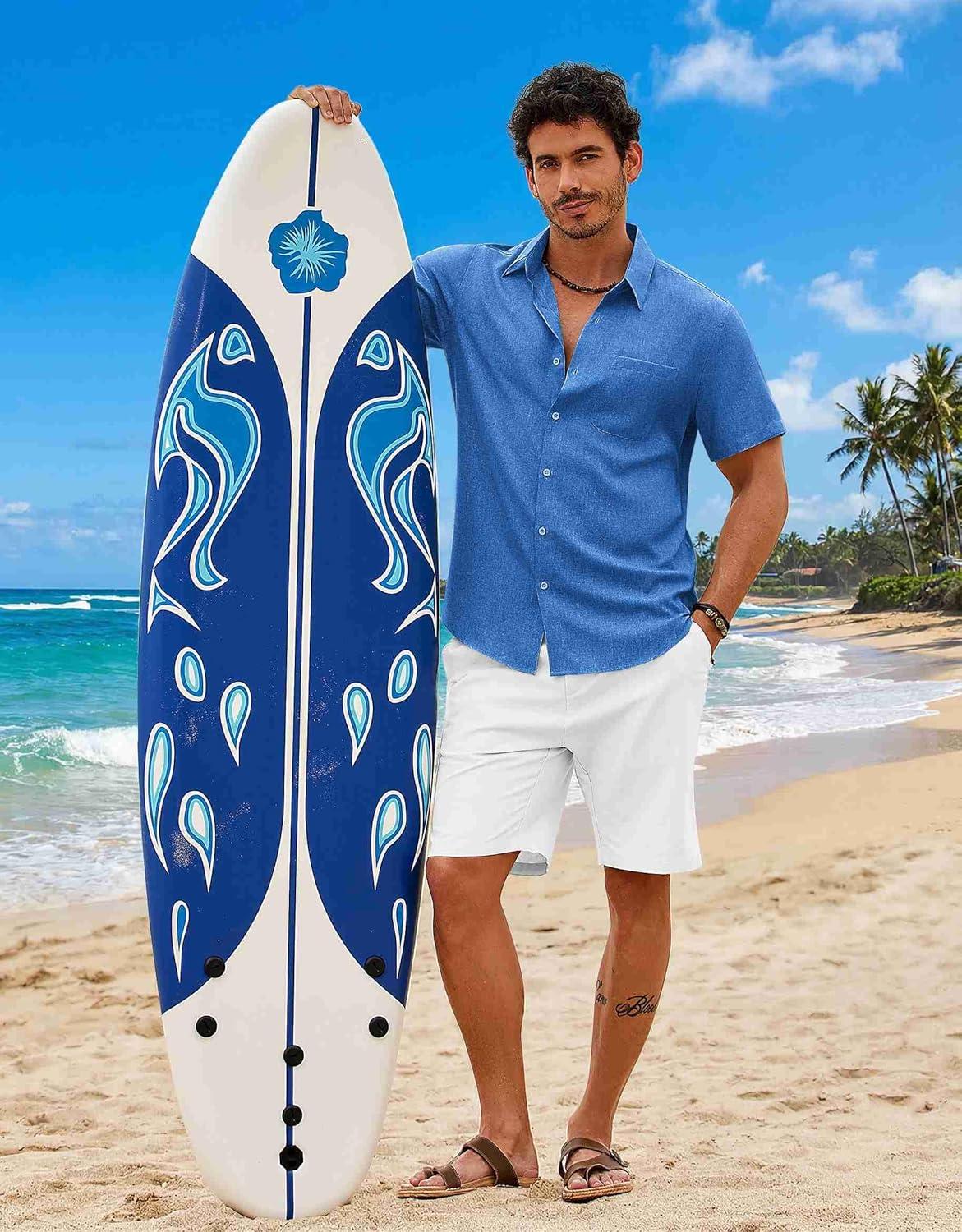 imageCOOFANDY Mens Button Down Shirt Short Sleeve Casual Shirts Summer Beach Wedding Linen Shirt with PocketRoyal Blue