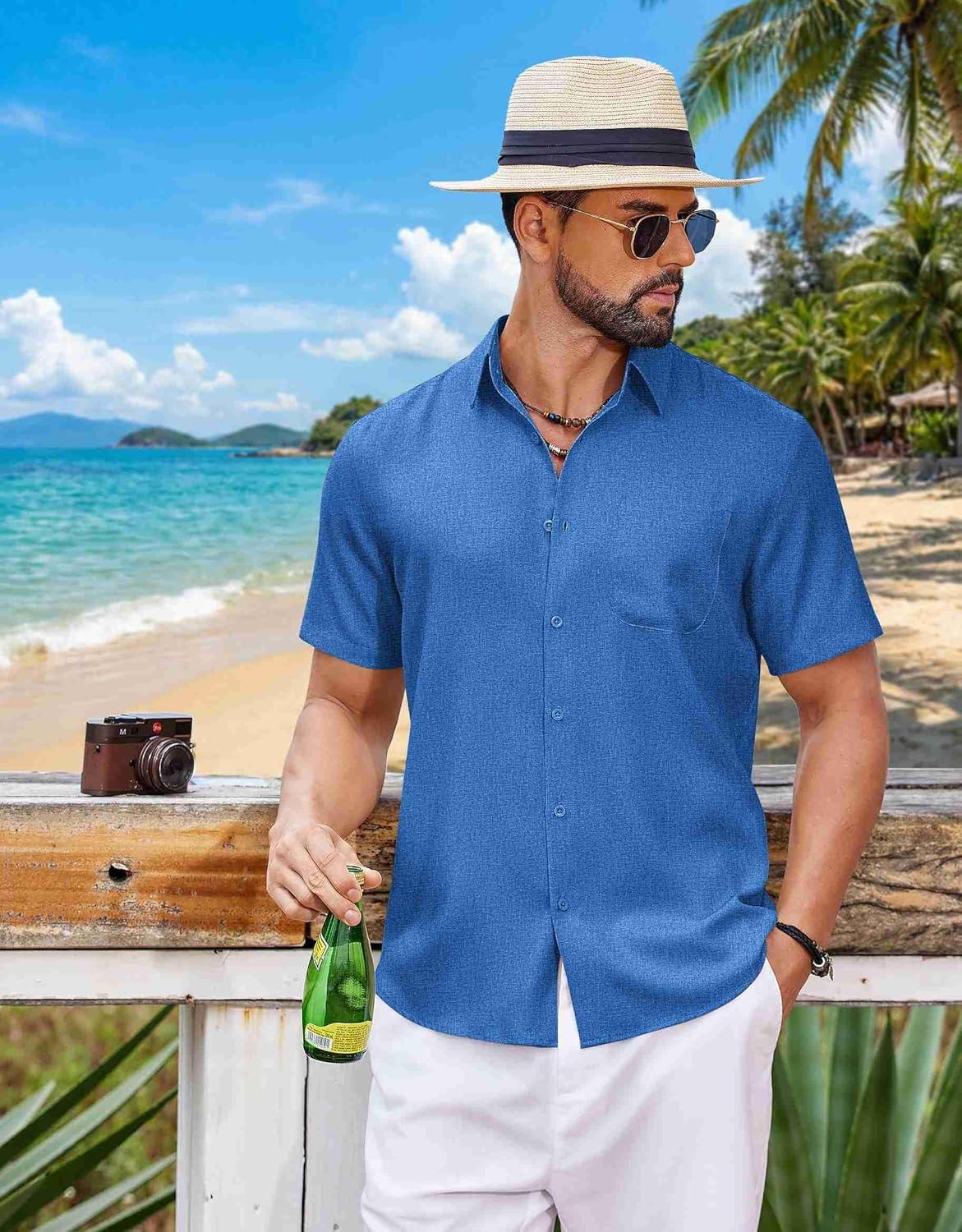 imageCOOFANDY Mens Button Down Shirt Short Sleeve Casual Shirts Summer Beach Wedding Linen Shirt with PocketRoyal Blue