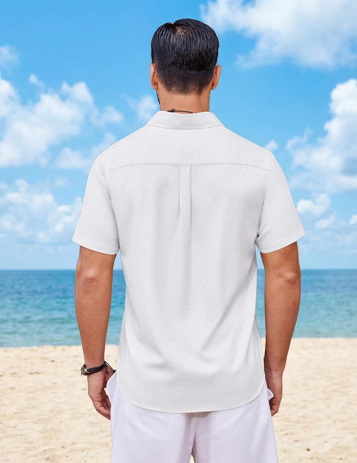 imageCOOFANDY Mens Button Down Shirt Short Sleeve Casual Shirts Summer Beach Wedding Linen Shirt with PocketWhite