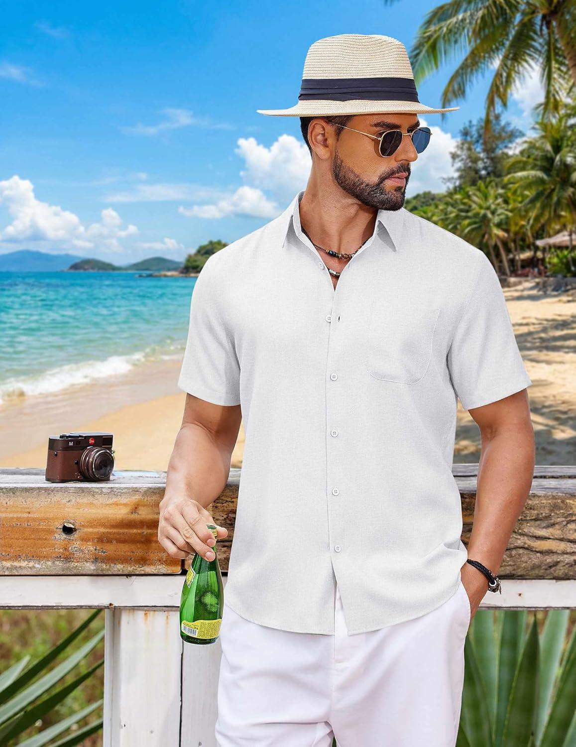 imageCOOFANDY Mens Button Down Shirt Short Sleeve Casual Shirts Summer Beach Wedding Linen Shirt with PocketWhite