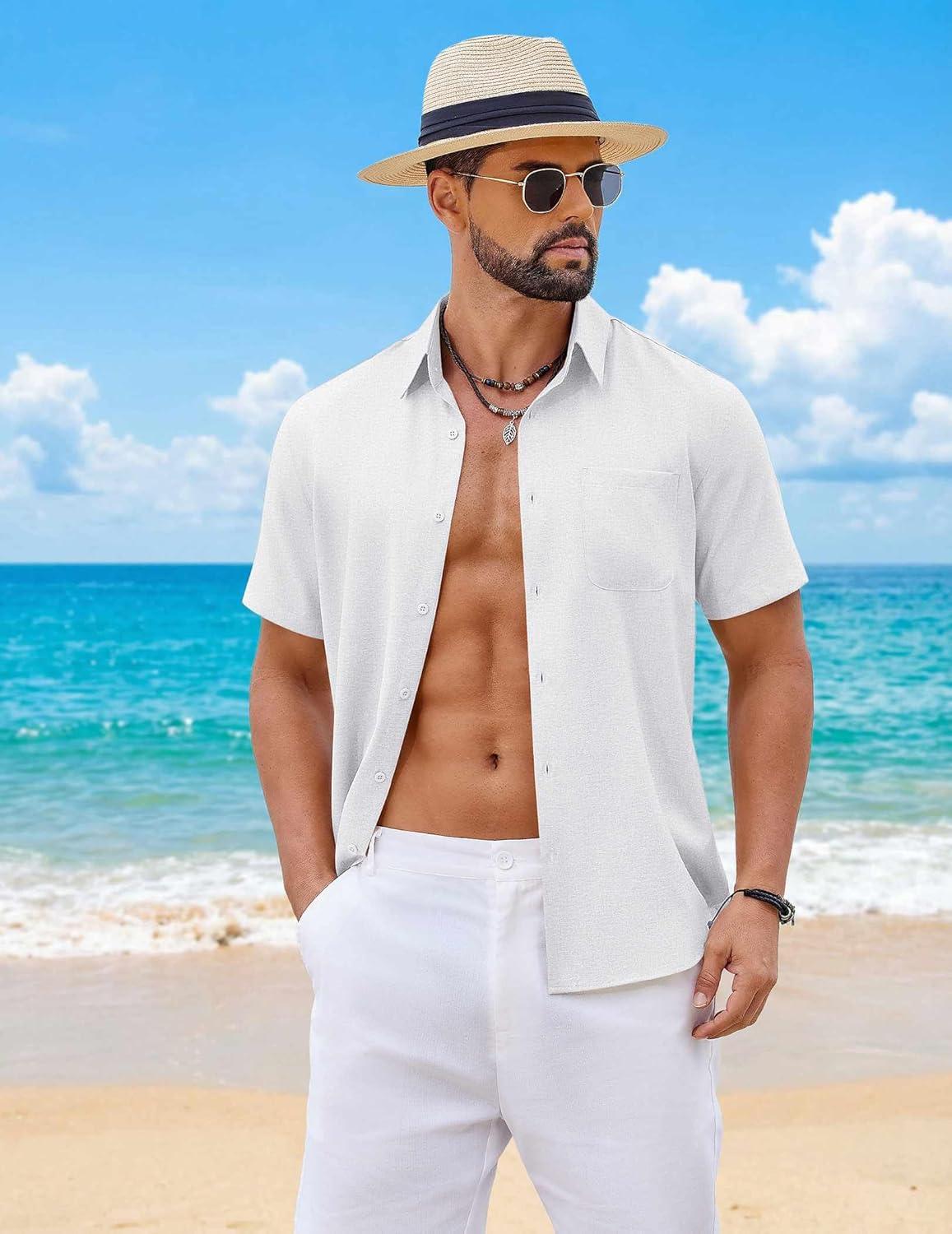 imageCOOFANDY Mens Button Down Shirt Short Sleeve Casual Shirts Summer Beach Wedding Linen Shirt with PocketWhite