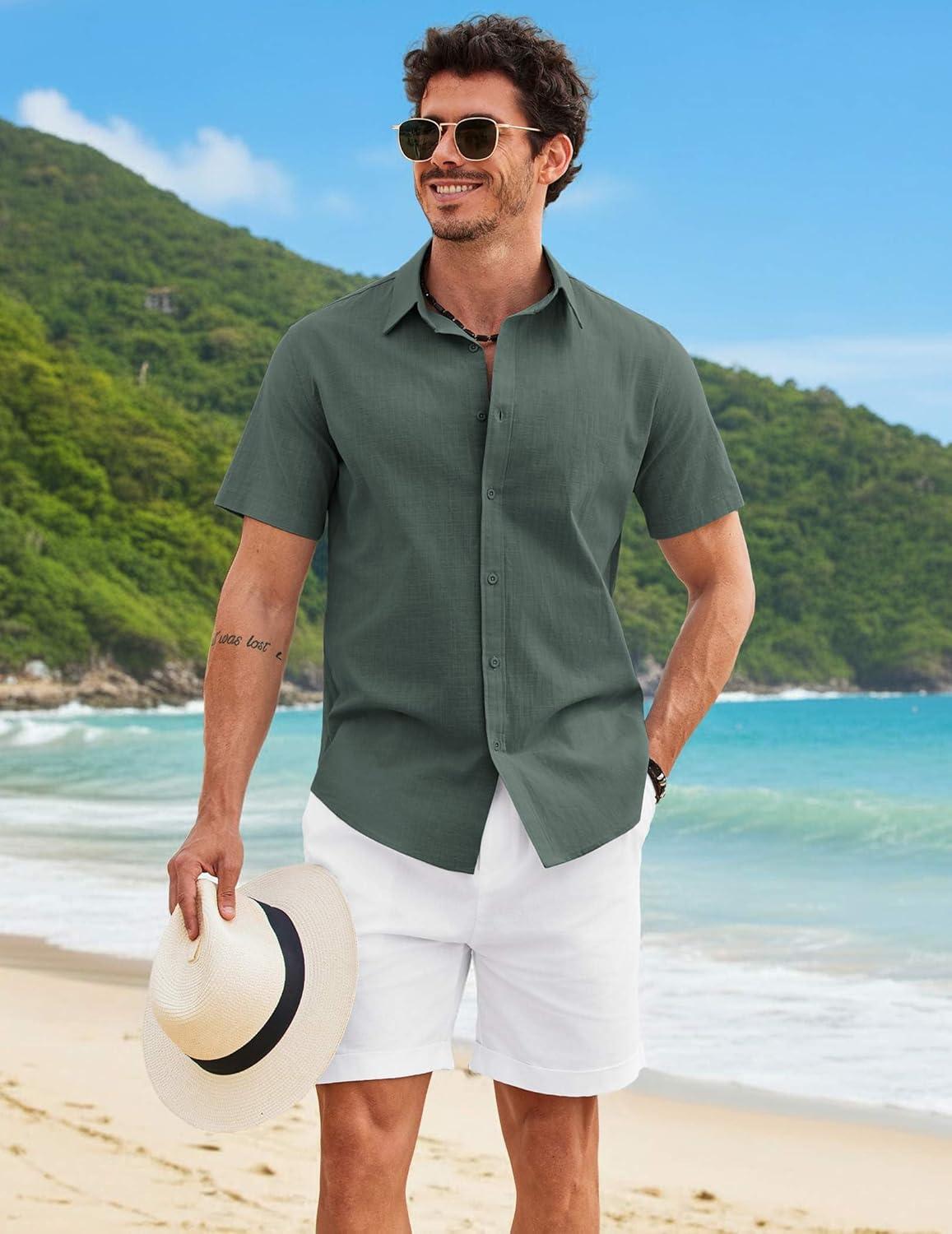 imageCOOFANDY Mens Button Down Shirts Short Sleeve Casual Shirt Cotton Summer Beach Linen Wedding ShirtsDark Green