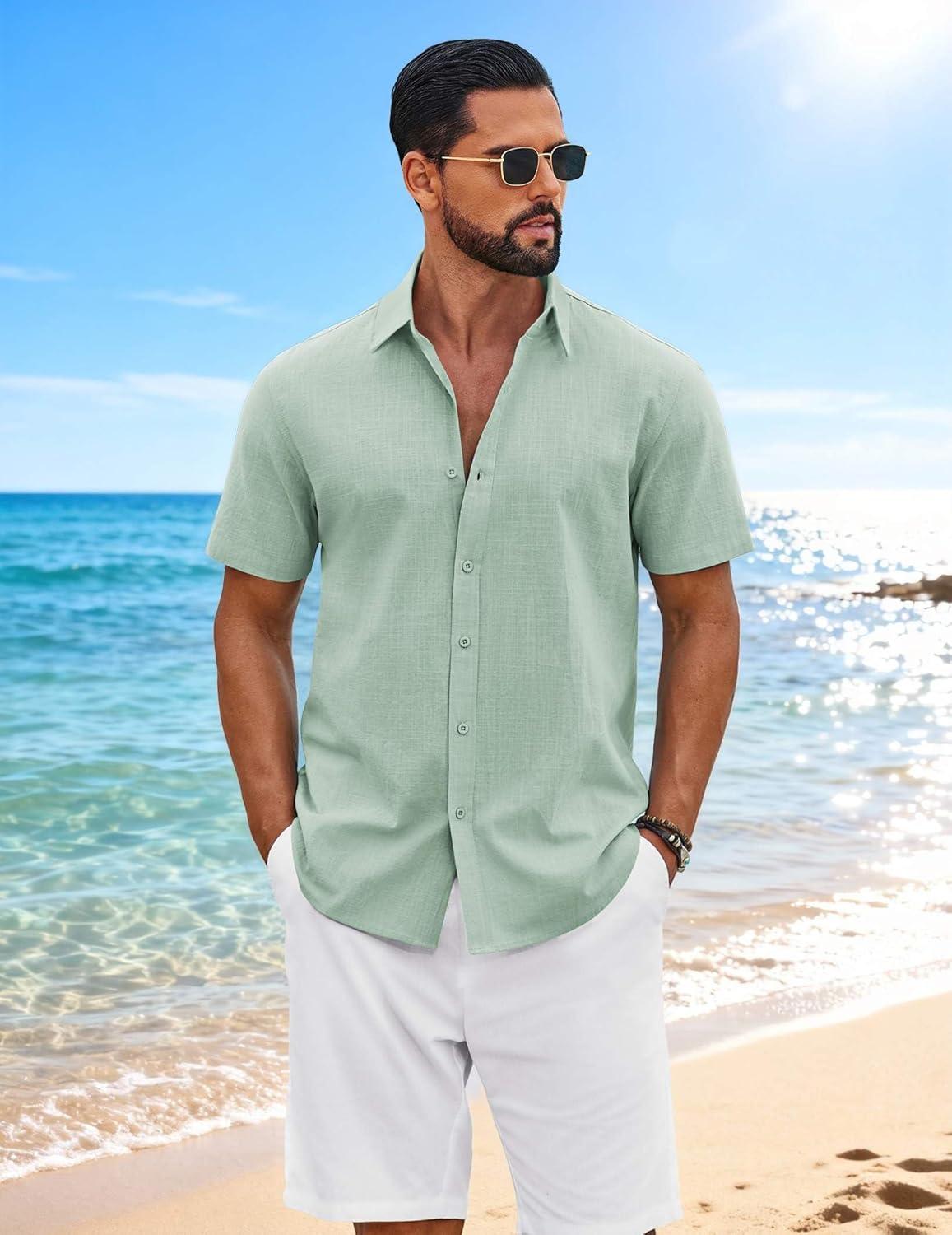 imageCOOFANDY Mens Button Down Shirts Short Sleeve Casual Shirt Cotton Summer Beach Linen Wedding ShirtsLight Green