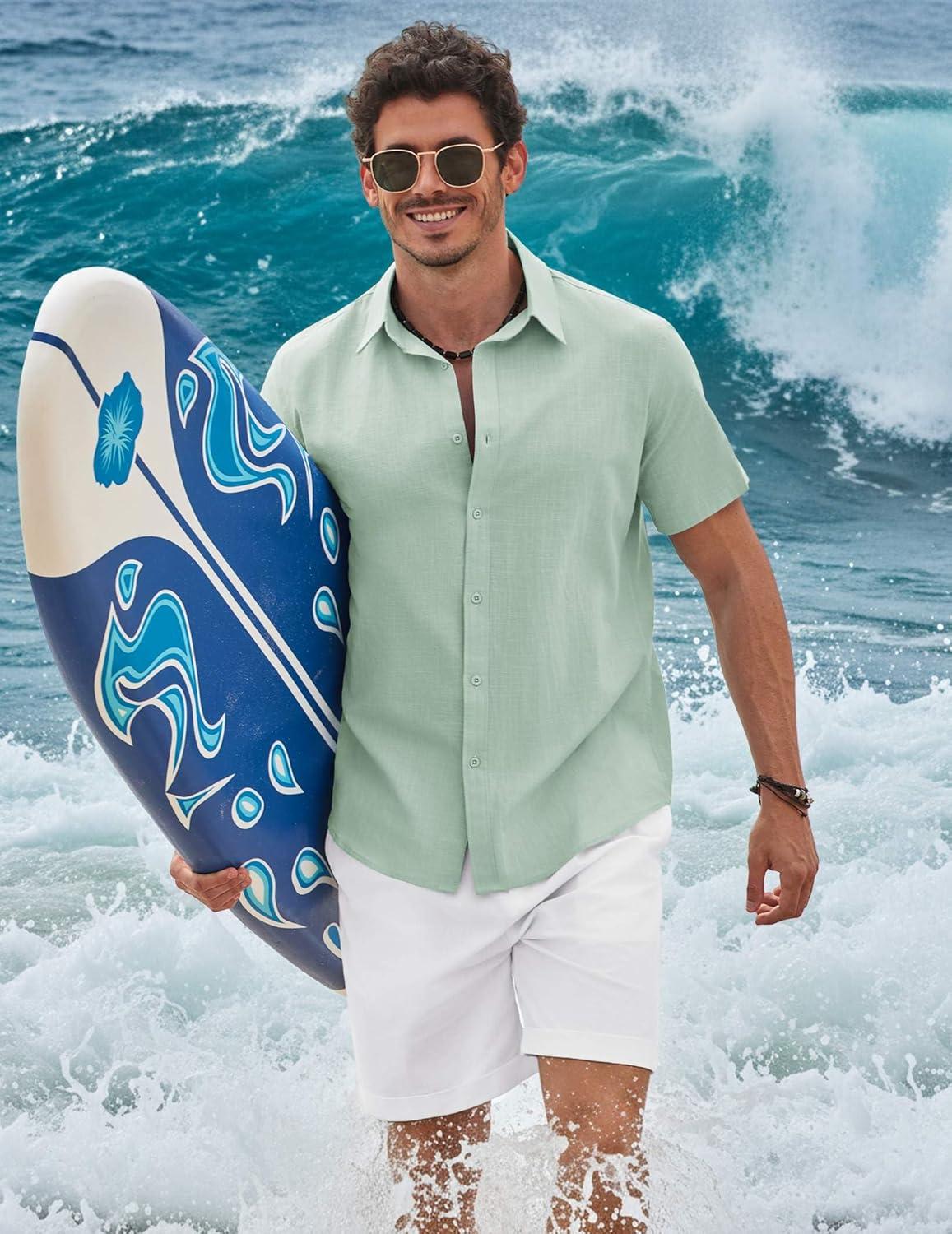 imageCOOFANDY Mens Button Down Shirts Short Sleeve Casual Shirt Cotton Summer Beach Linen Wedding ShirtsLight Green