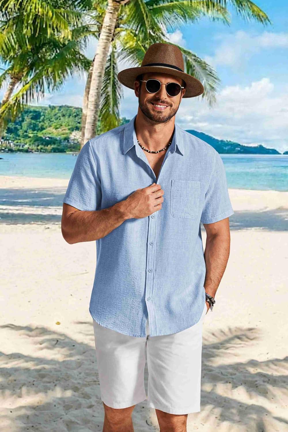 imageCOOFANDY Mens Button Down Shirts Short Sleeve Casual Shirt Summer Beach Textured ShirtsLight Blue
