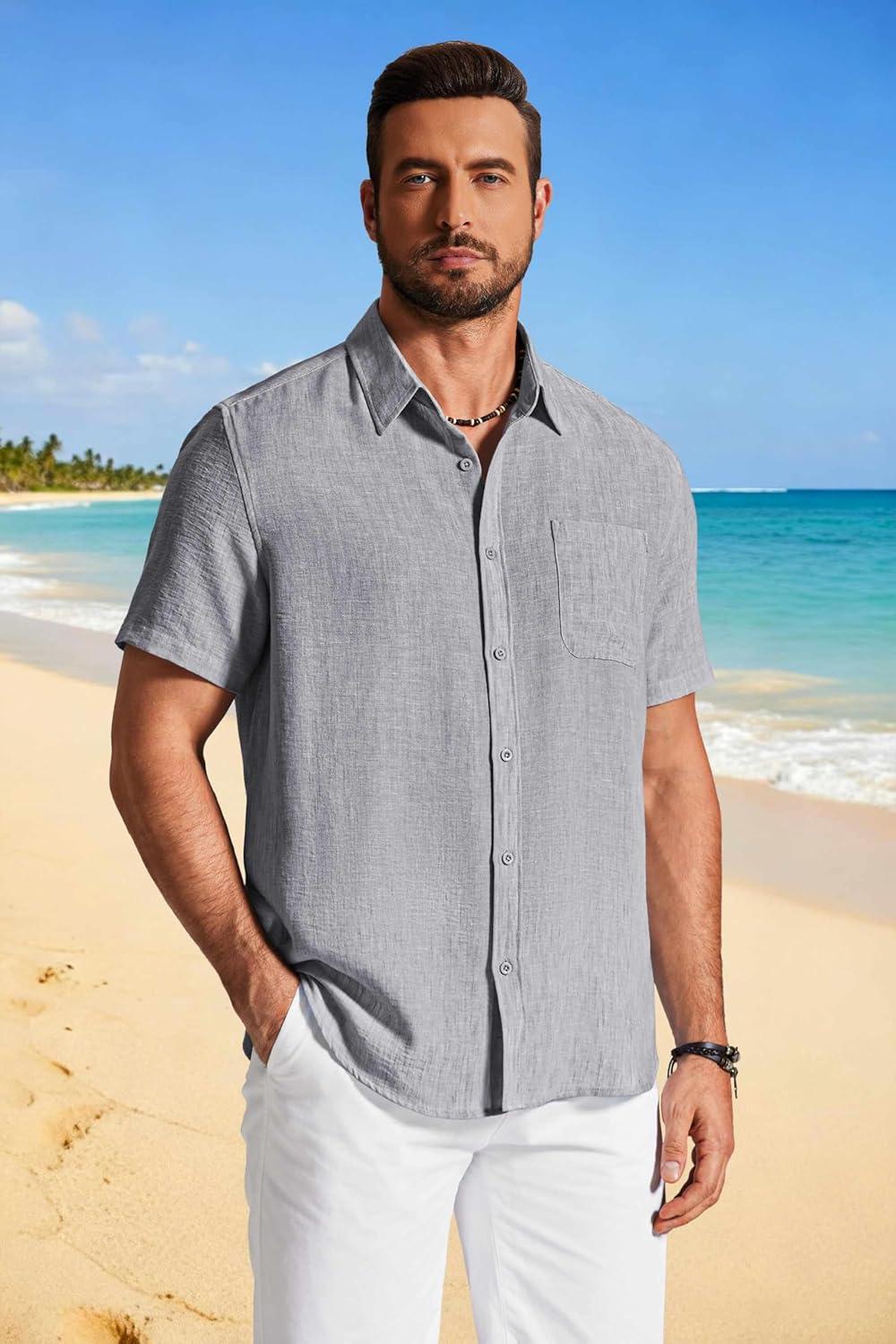 imageCOOFANDY Mens Button Down Shirts Short Sleeve Casual Shirt Summer Beach Textured ShirtsLight Grey