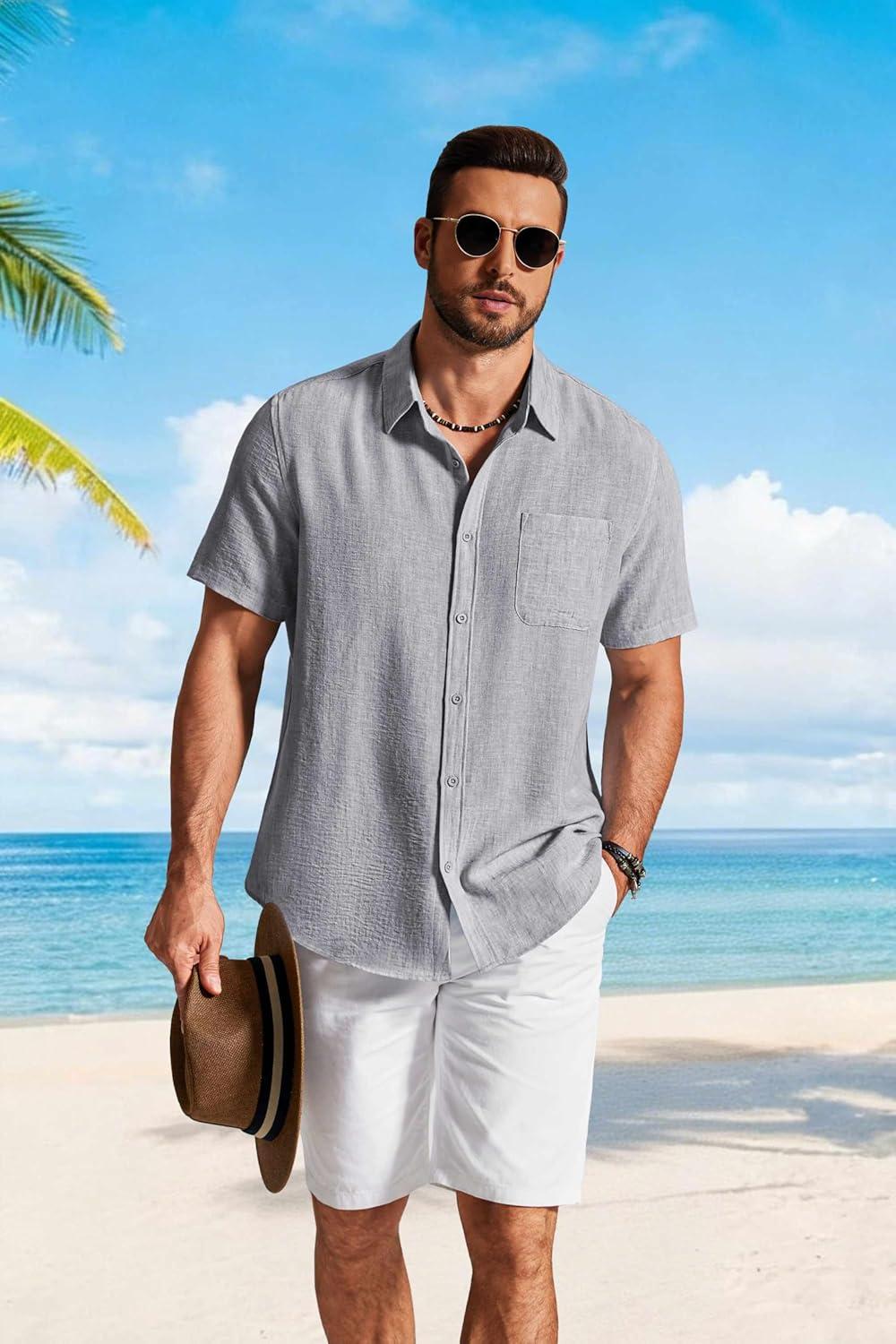 imageCOOFANDY Mens Button Down Shirts Short Sleeve Casual Shirt Summer Beach Textured ShirtsLight Grey