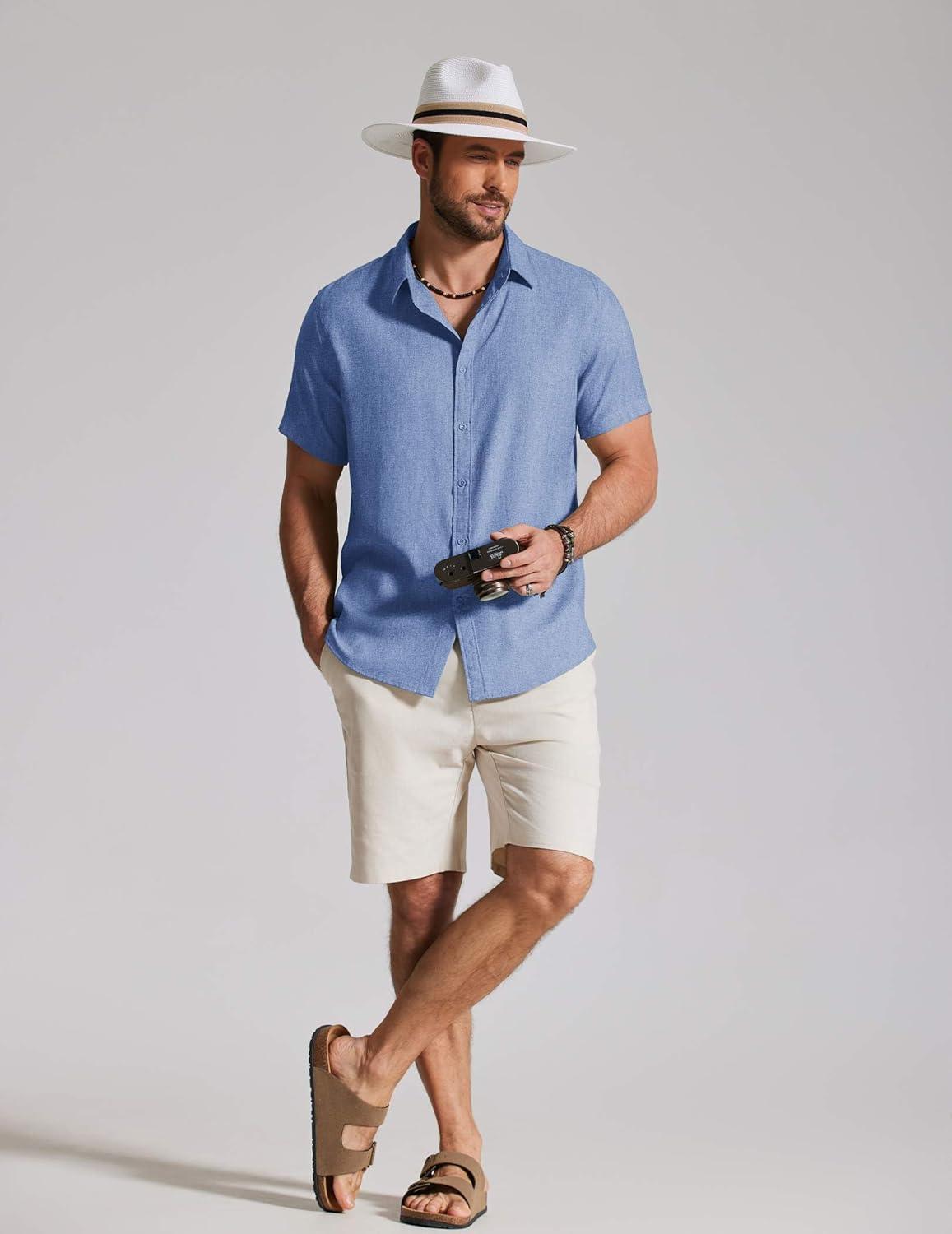 imageCOOFANDY Mens Casual Button Down Shirt Short Sleeve Summer Shirt for Beach Vacation Resort WearBlue