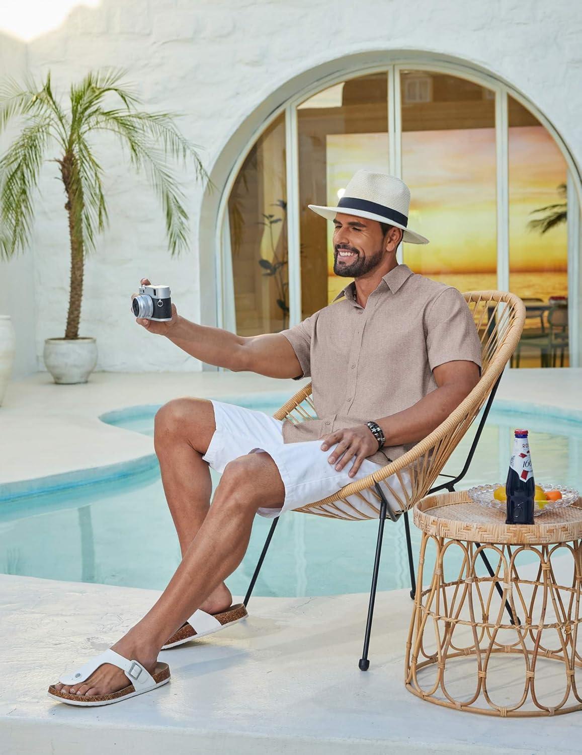 imageCOOFANDY Mens Casual Button Down Shirt Short Sleeve Summer Shirt for Beach Vacation Resort WearChampagne