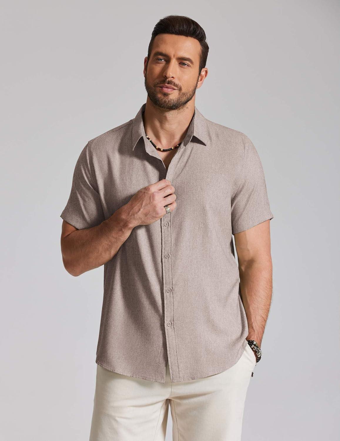 imageCOOFANDY Mens Casual Button Down Shirt Short Sleeve Summer Shirt for Beach Vacation Resort WearChampagne