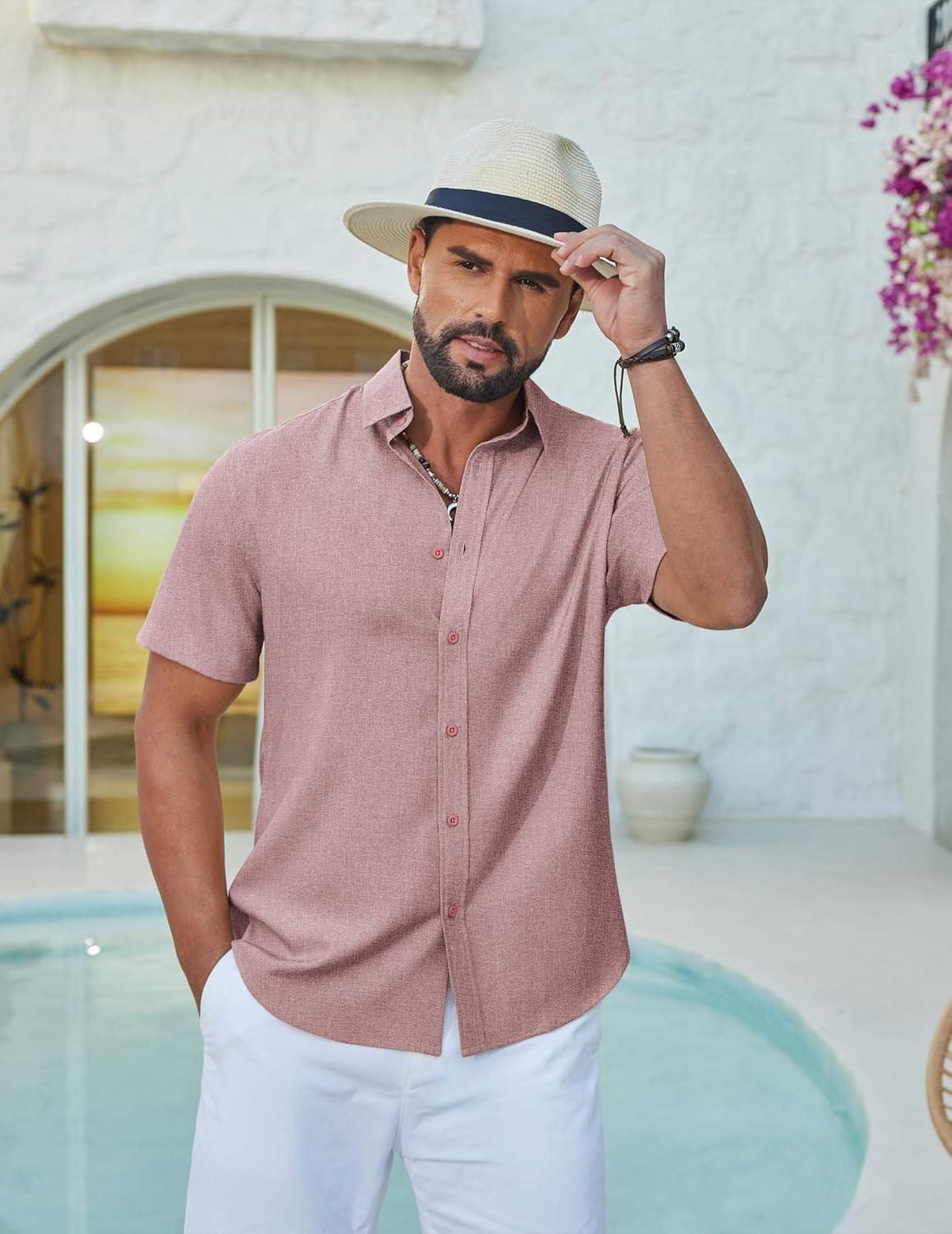 imageCOOFANDY Mens Casual Button Down Shirt Short Sleeve Summer Shirt for Beach Vacation Resort WearDusty Pink