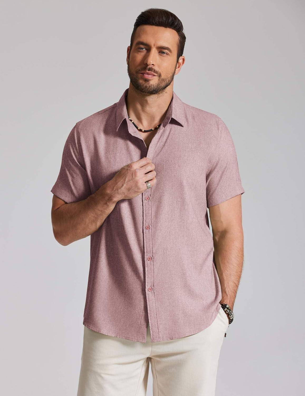 imageCOOFANDY Mens Casual Button Down Shirt Short Sleeve Summer Shirt for Beach Vacation Resort WearDusty Pink
