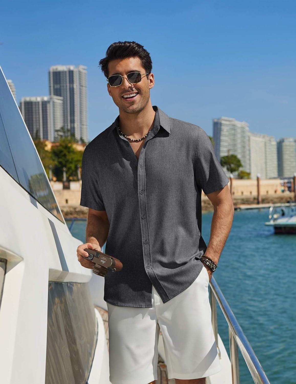 imageCOOFANDY Mens Casual Button Down Shirt Short Sleeve Summer Shirt for Beach Vacation Resort WearGray