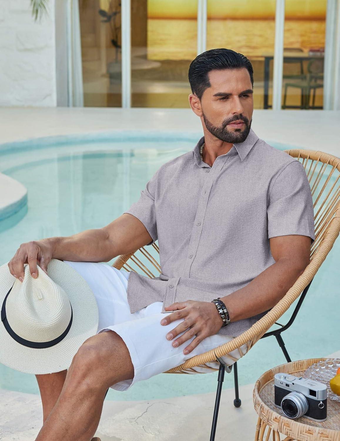 imageCOOFANDY Mens Casual Button Down Shirt Short Sleeve Summer Shirt for Beach Vacation Resort WearLight Gray