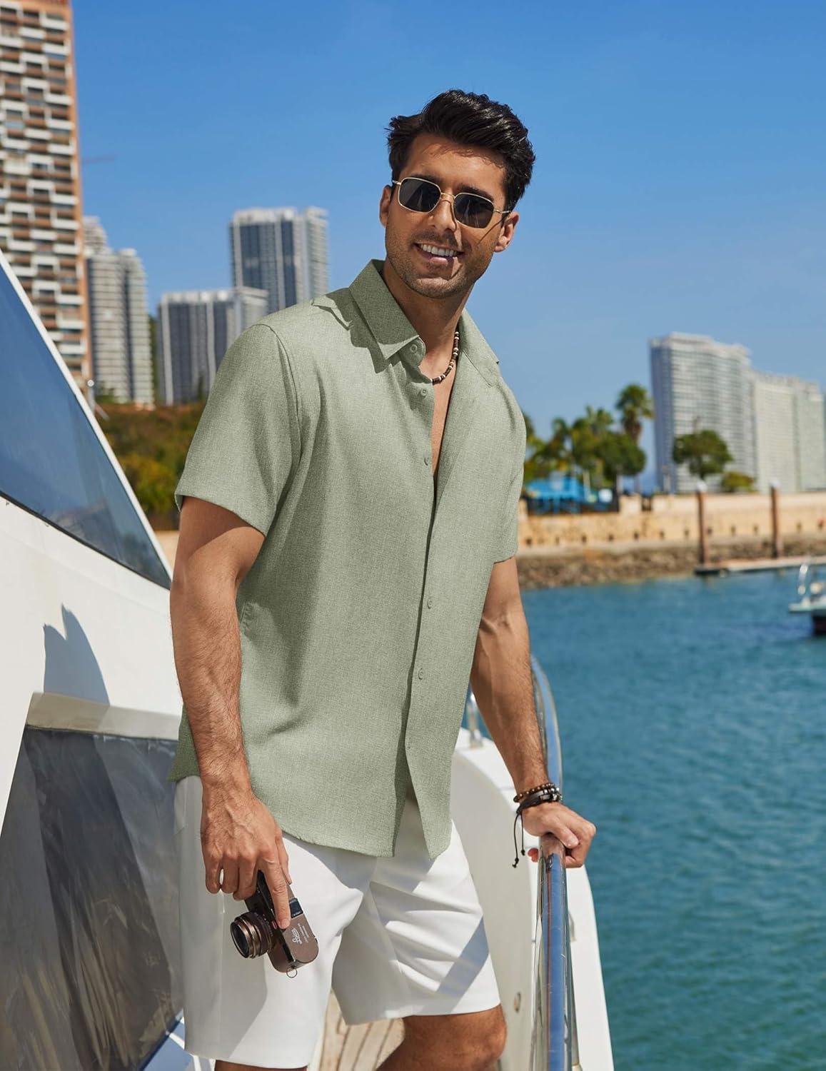imageCOOFANDY Mens Casual Button Down Shirt Short Sleeve Summer Shirt for Beach Vacation Resort WearLight Green