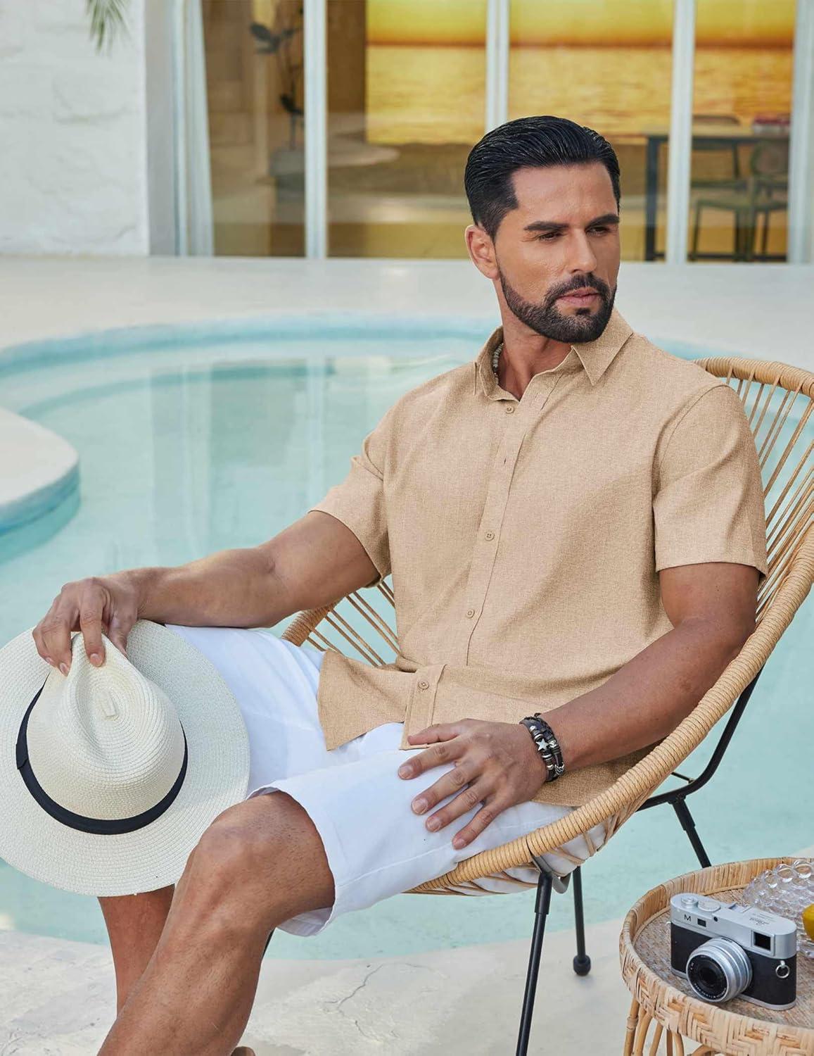 imageCOOFANDY Mens Casual Button Down Shirt Short Sleeve Summer Shirt for Beach Vacation Resort WearLight Khaki
