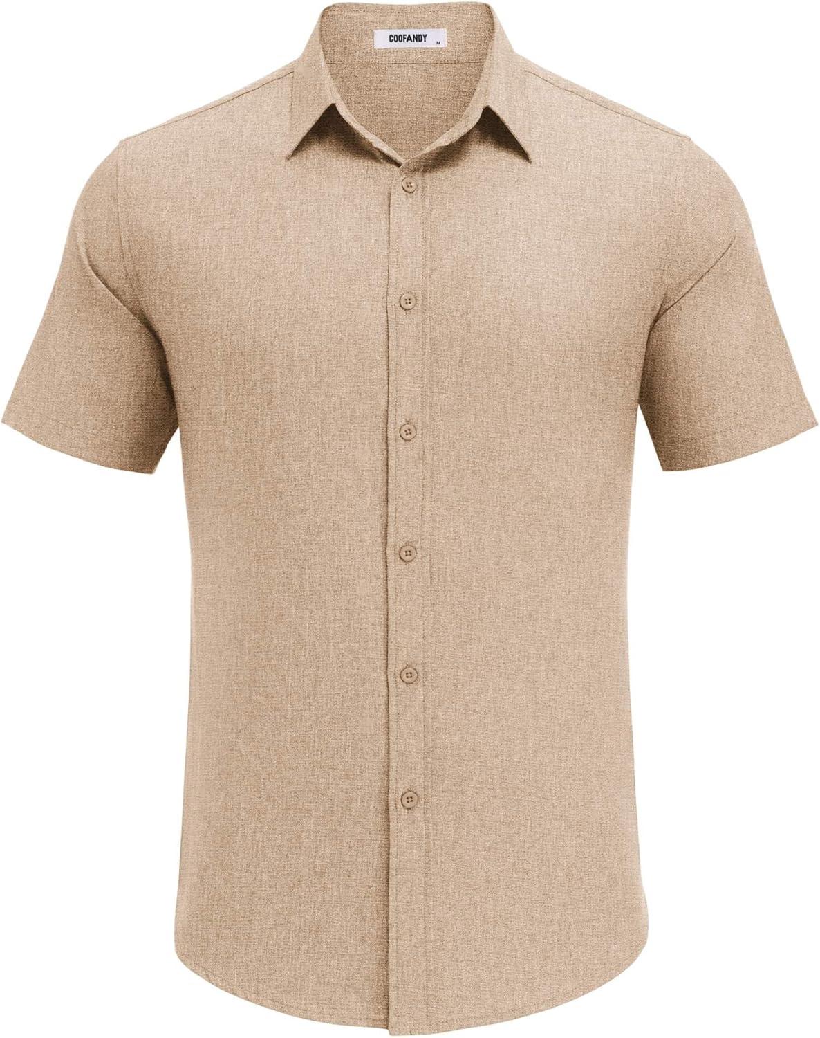 imageCOOFANDY Mens Casual Button Down Shirt Short Sleeve Summer Shirt for Beach Vacation Resort WearLight Khaki