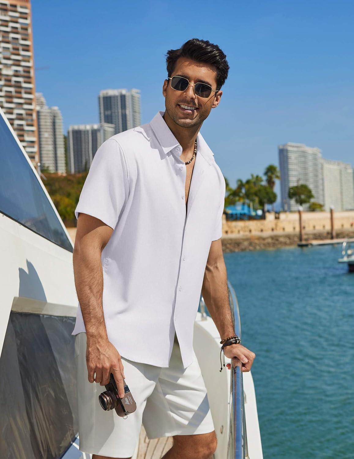 imageCOOFANDY Mens Casual Button Down Shirt Short Sleeve Summer Shirt for Beach Vacation Resort WearSolid White
