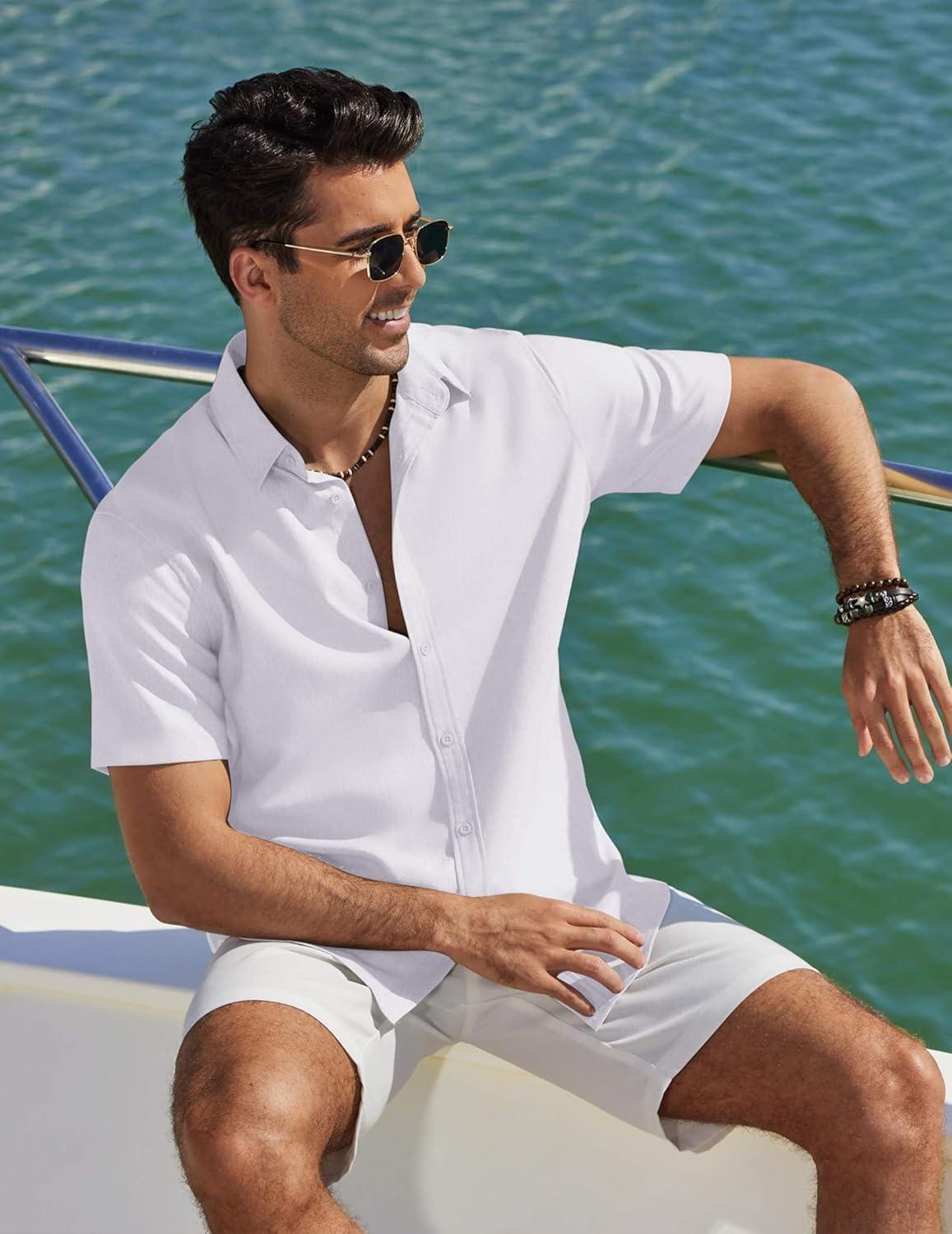 imageCOOFANDY Mens Casual Button Down Shirt Short Sleeve Summer Shirt for Beach Vacation Resort WearSolid White