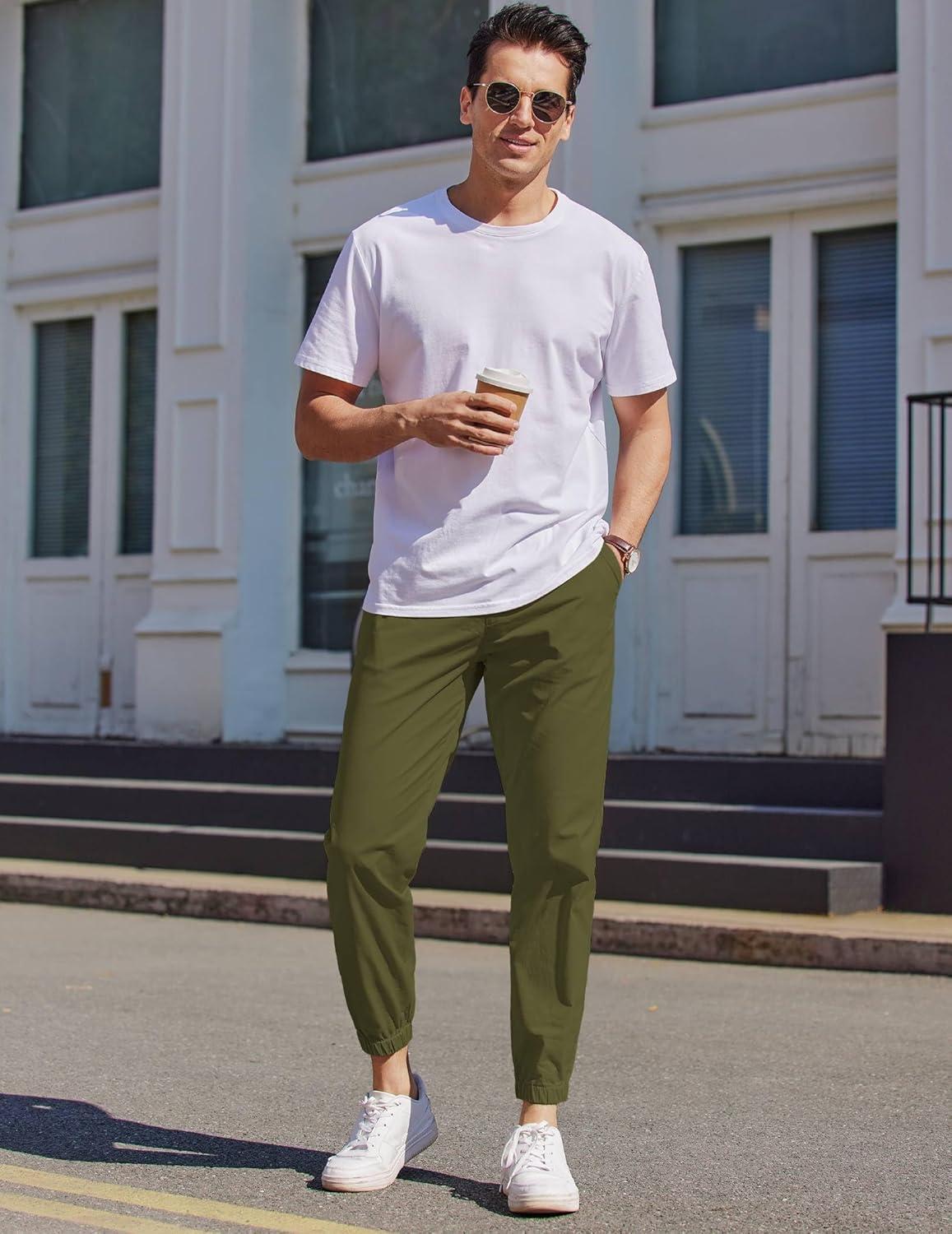 imageCOOFANDY Mens Casual Joggers Pants Elastic Drawstring Chino Cargo Pants Hiking Outdoor Track SweatpantsArmy Green