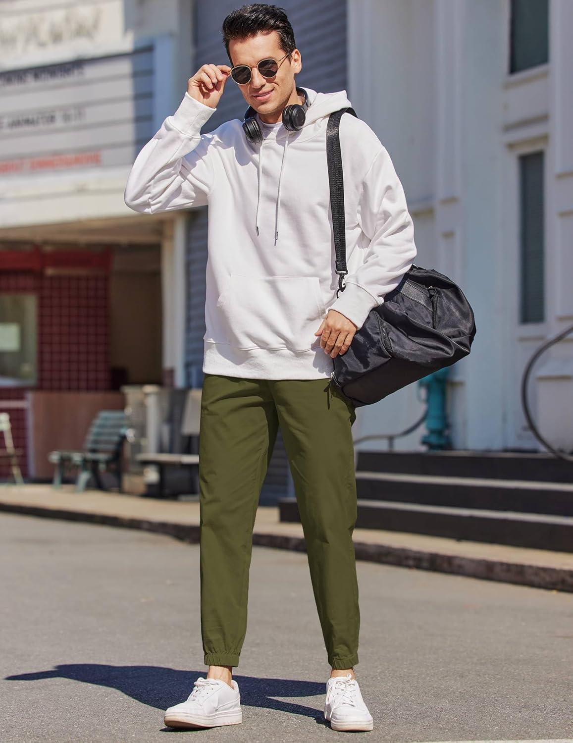 imageCOOFANDY Mens Casual Joggers Pants Elastic Drawstring Chino Cargo Pants Hiking Outdoor Track SweatpantsArmy Green