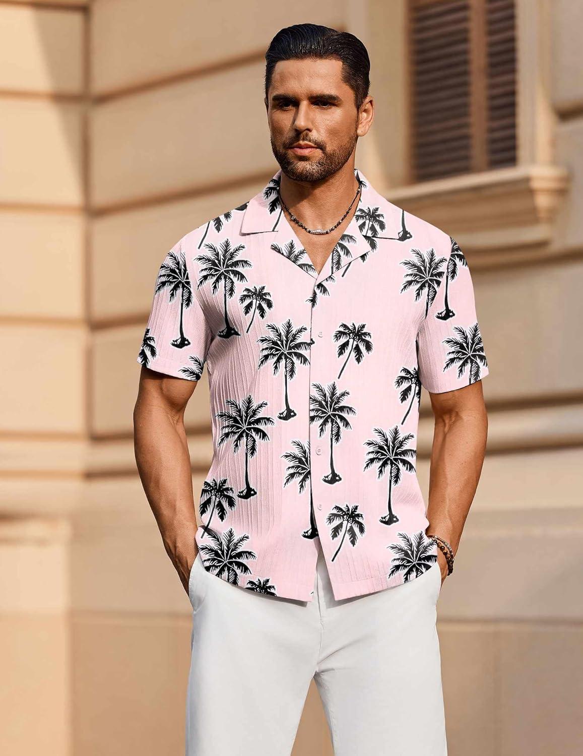 imageCOOFANDY Mens Casual Shirts Short Sleeve Button Down Shirts Fashion Textured Summer Beach ShirtPinkleaf